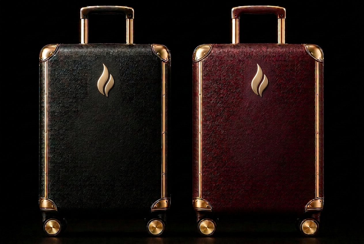 Eterna Lumière carry-on in Midnight Black and Bordeaux Rouge with gold trim