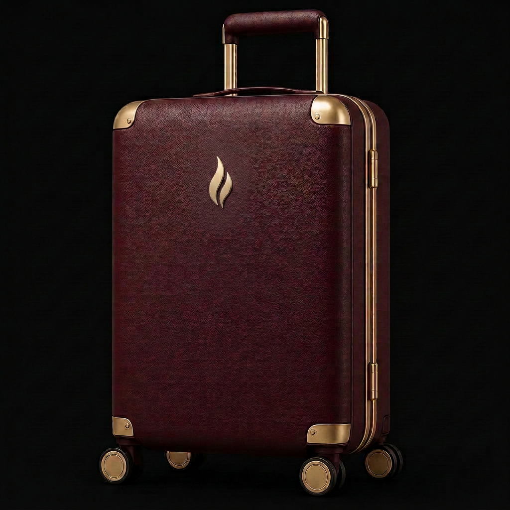 Eterna Lumière bordeaux carry-on in a first-class airport lounge