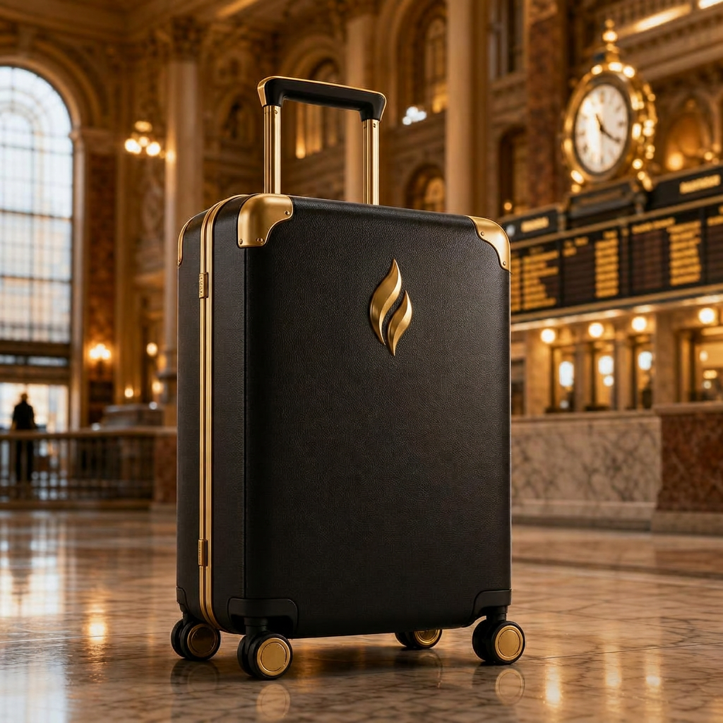 The Eterna Lumière Founder's Edition carry-on standing alone in an empty terminal at dawn