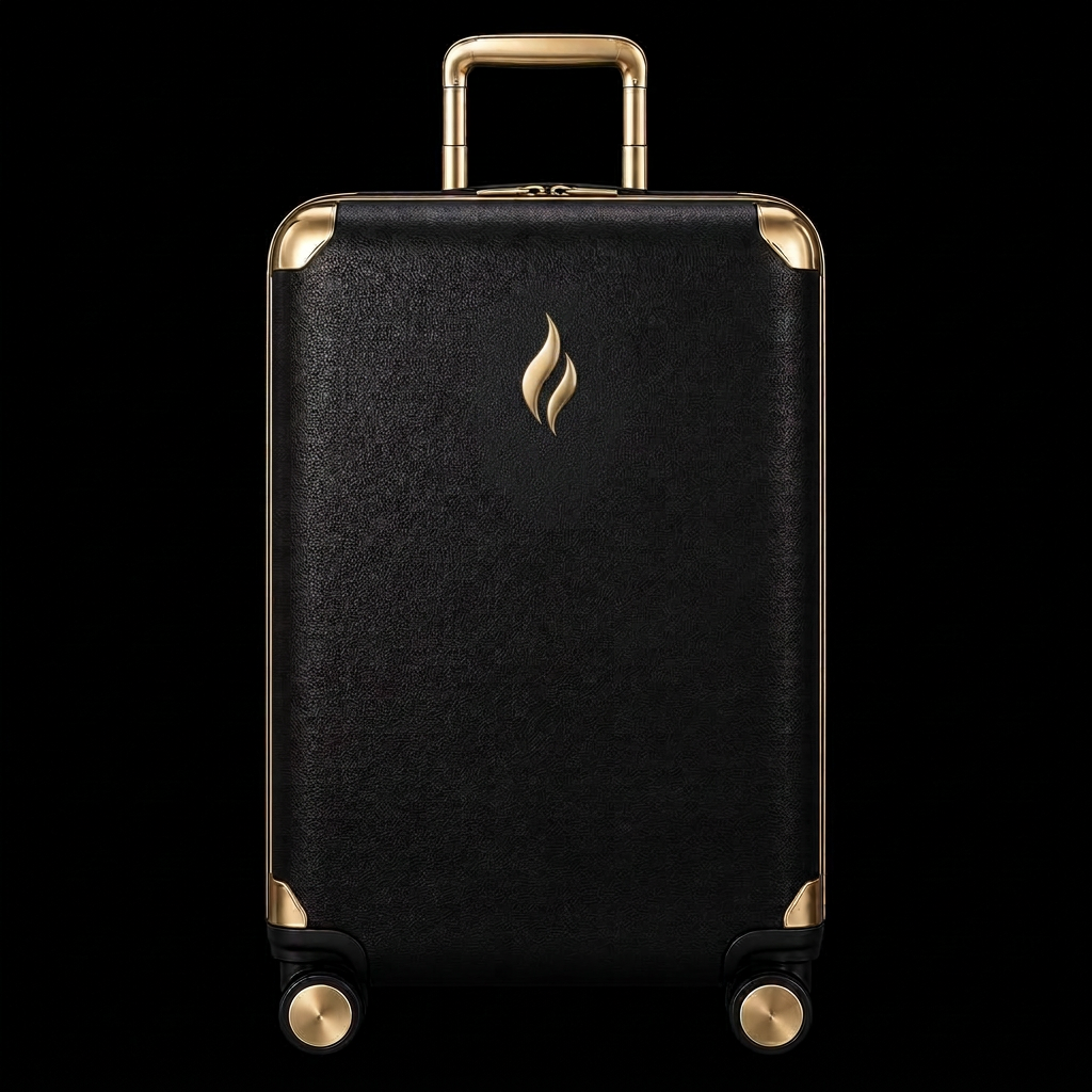 Eterna Lumière Founder's Edition suitcase — Front — gold flame emblem