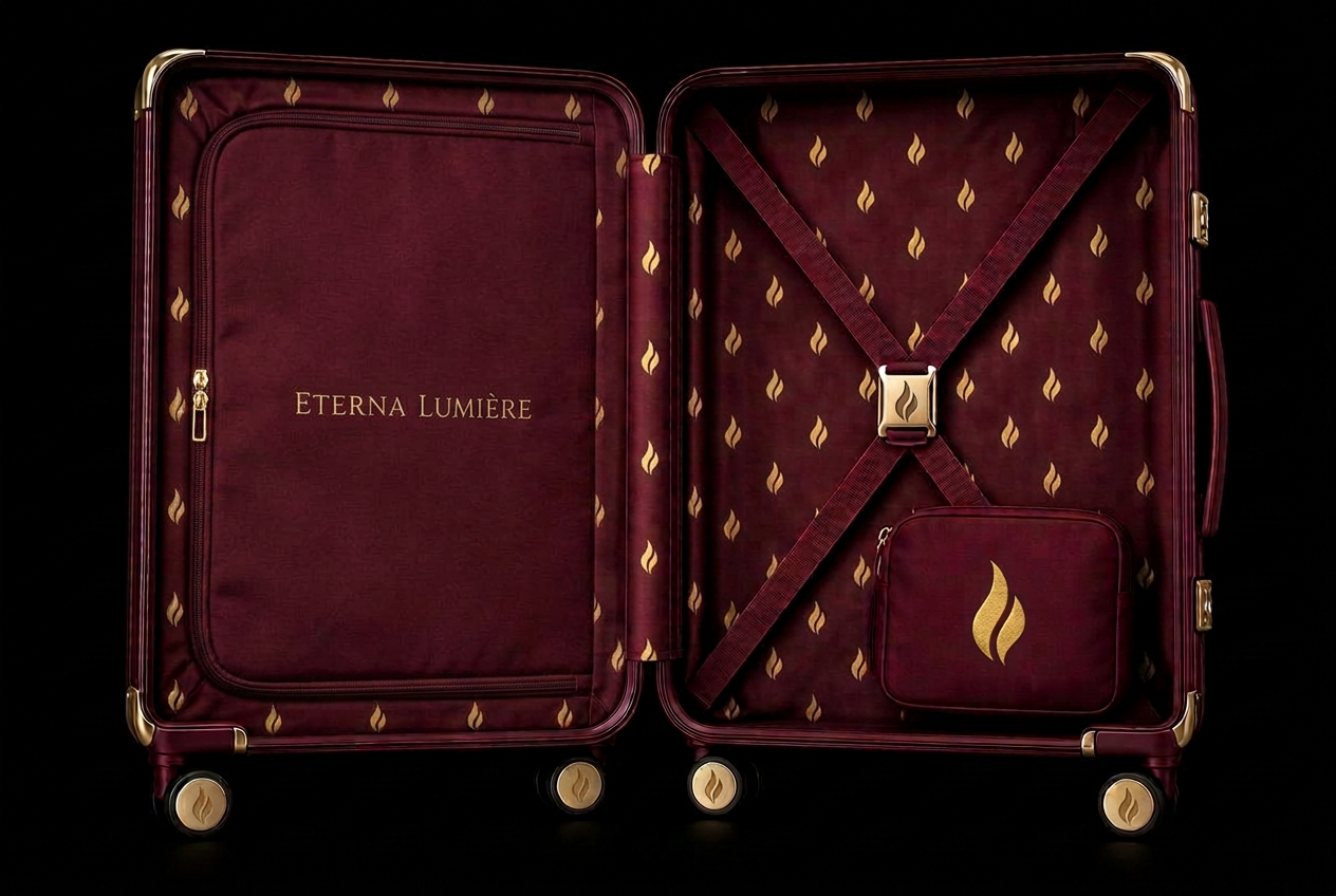 Interior of the Bordeaux Rouge Eterna Lumière suitcase with signature flame lining and gold hardware