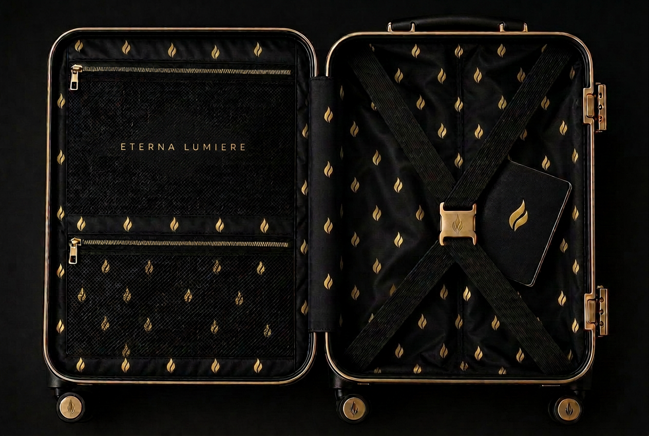 Interior of the Midnight Black Eterna Lumière suitcase with signature flame lining and hidden passport pocket